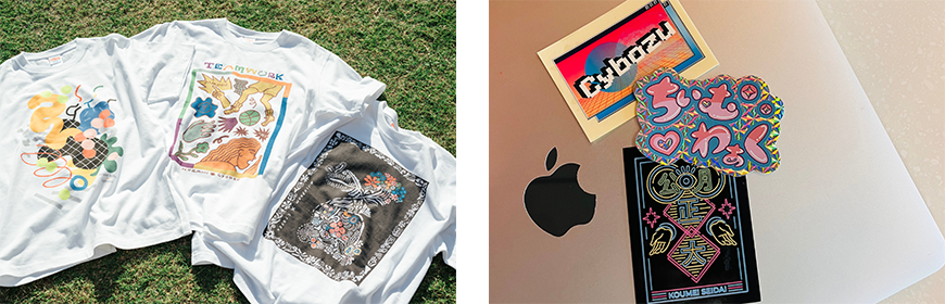 サイボウズ式編集部のグッズの写真。さまざまなデザインのTシャツ。それぞれ「Cybozu」「ちぃむわぁく」と書かれたシールがMacの上に置かれた写真など。